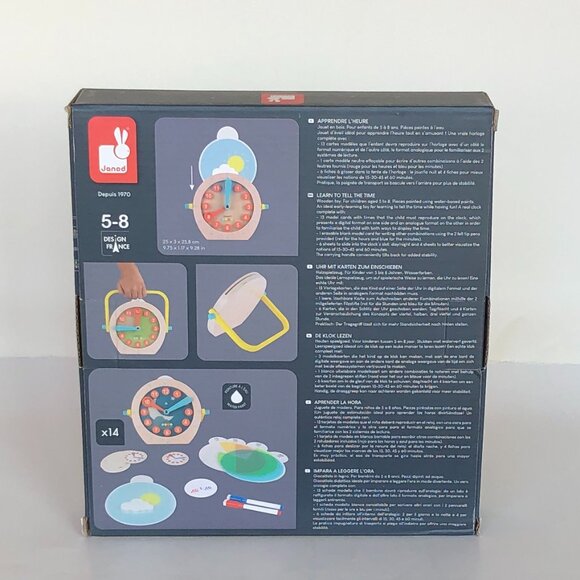 Janod Wooden Clock Toy -Learn To Tell The Time w/Accessories New Sealed Age 5+ - Picture 12 of 16